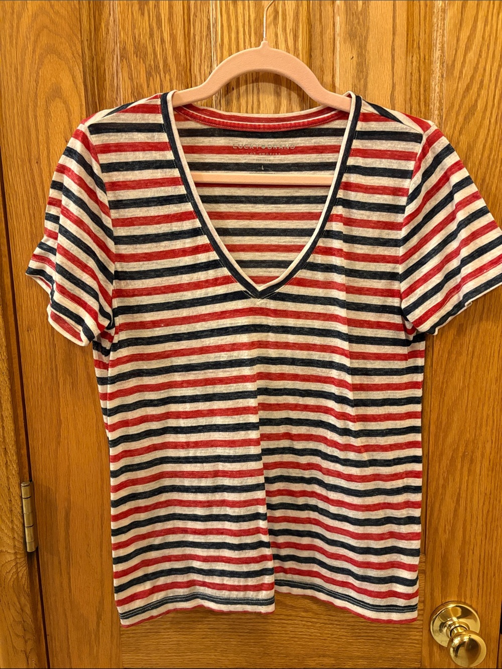 Lucky Brand Striped V-Neck Tee in Red, Navy & Cream